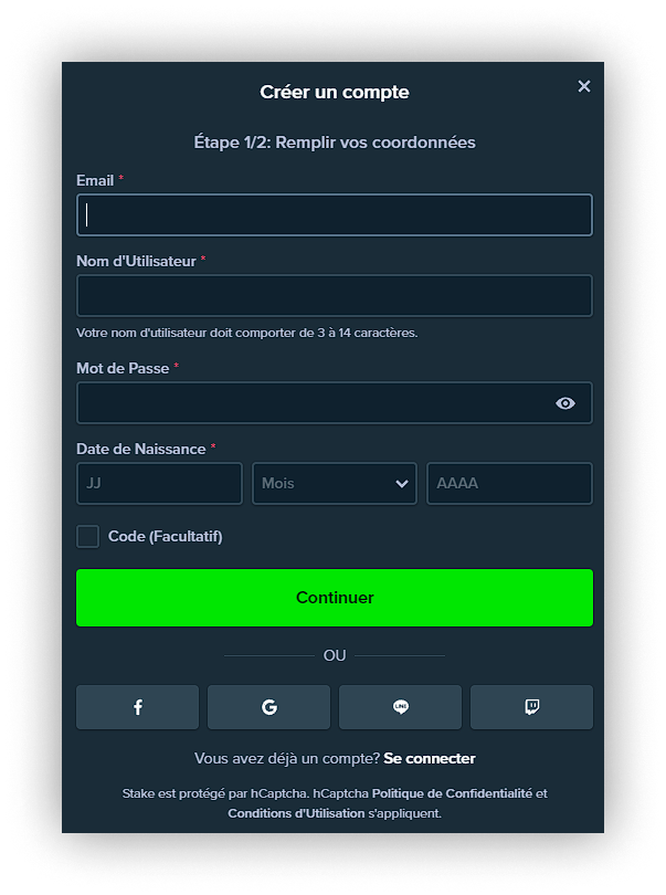 formulaire d'inscription Stake