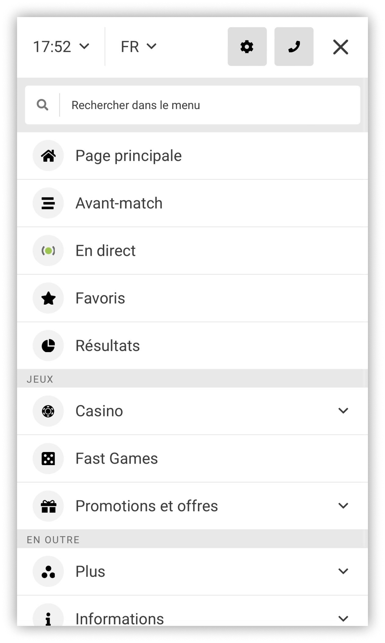menu de version mobile melbet