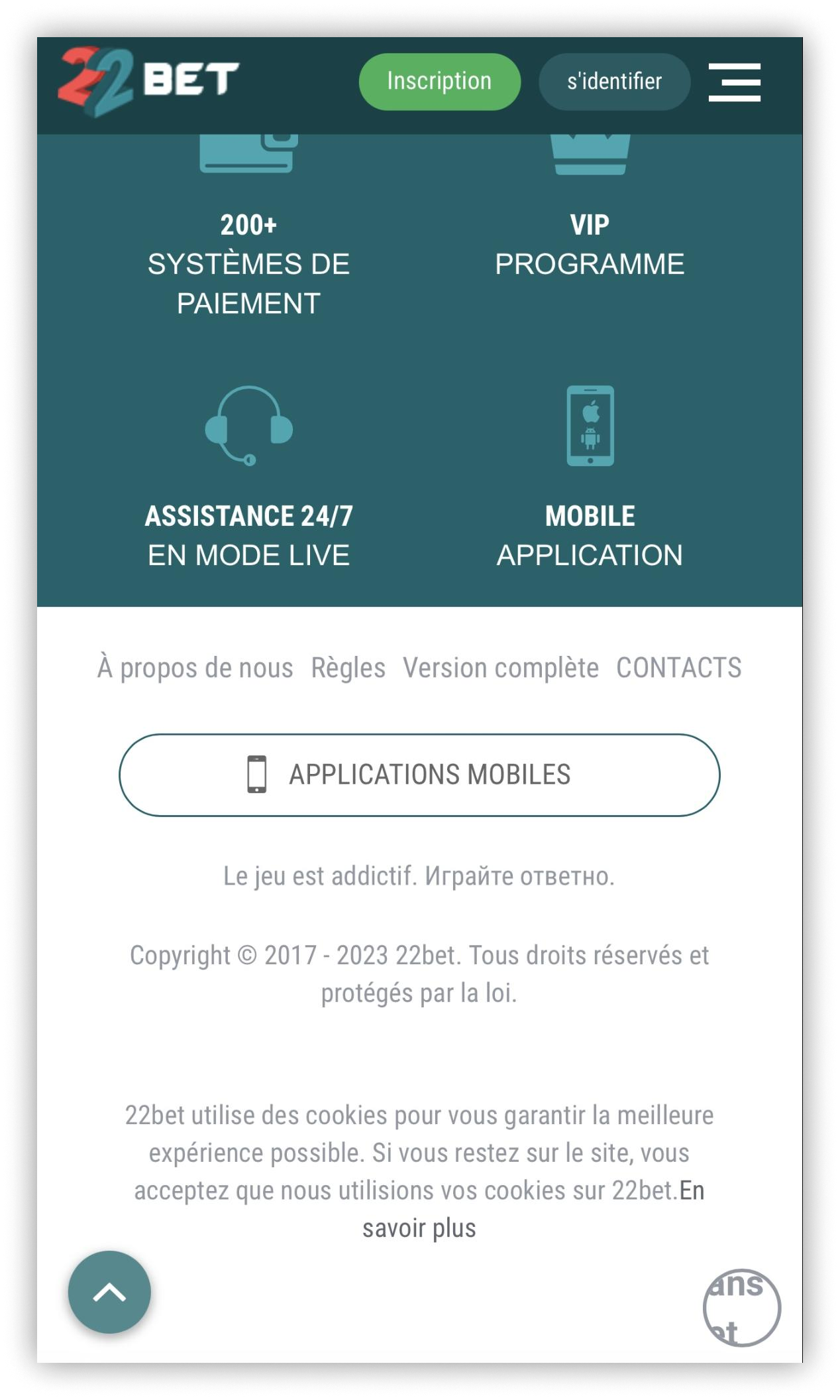 bas de la page 22bet