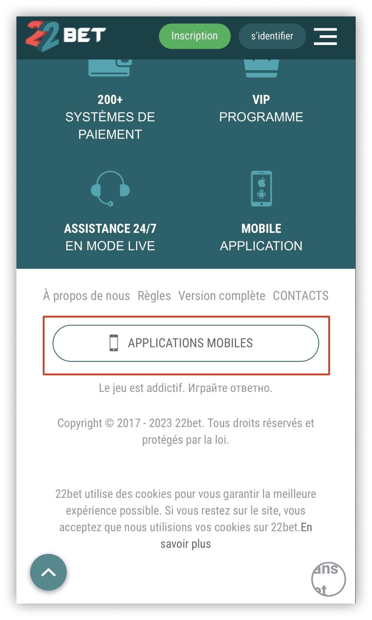 applications mobiles 22bet