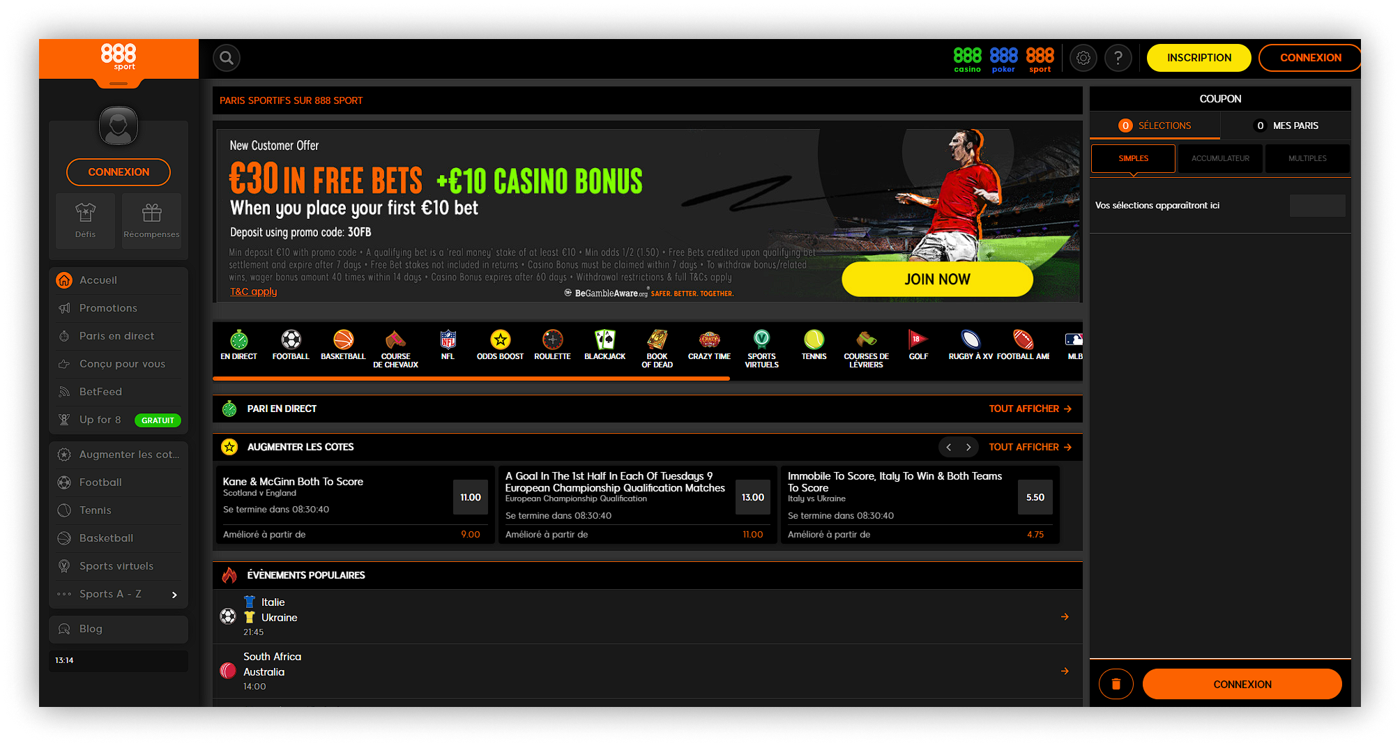 page principale du site 888sport